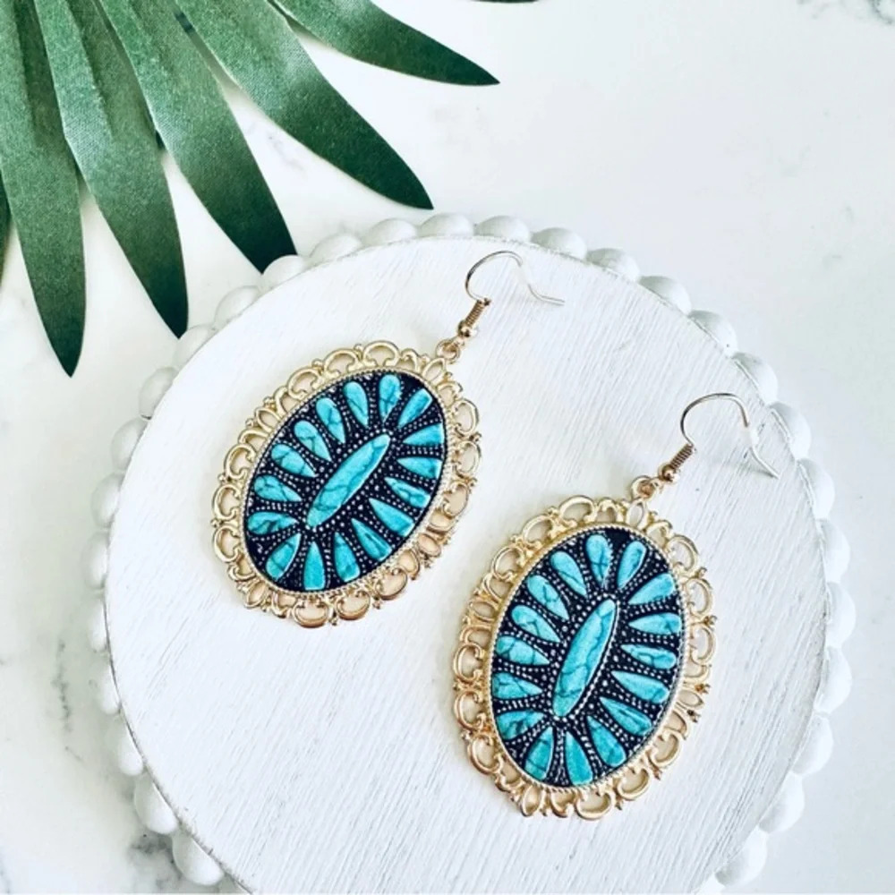 2/$30🌵 Turquoise Stone Look Blossom Gold Oval Earrings Jewelry Bohemian NEW